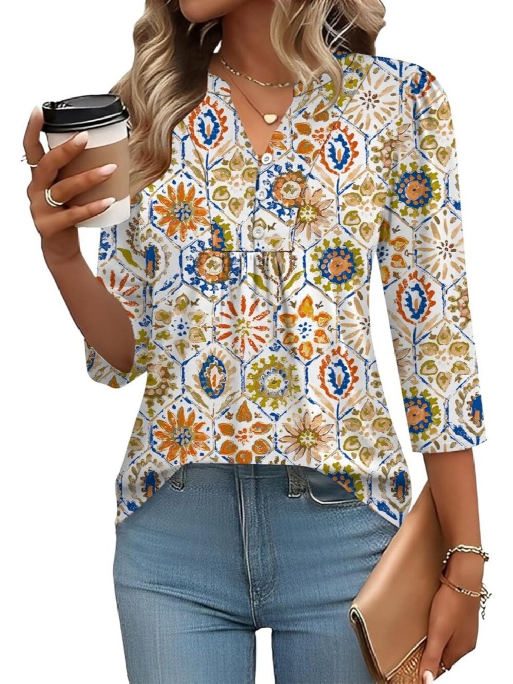 Women's Geometry Long Sleeve Casual Henley V-Neck Floral T-Shirts Loose Fit